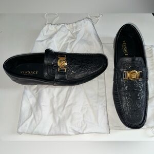 Versace Leather Black and Gold Men's Slip-On Loafers Shoes US 13